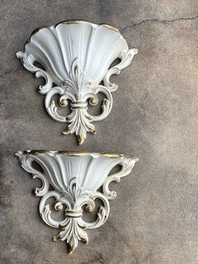 Vintage White and Gold Wall Sconces - Pair